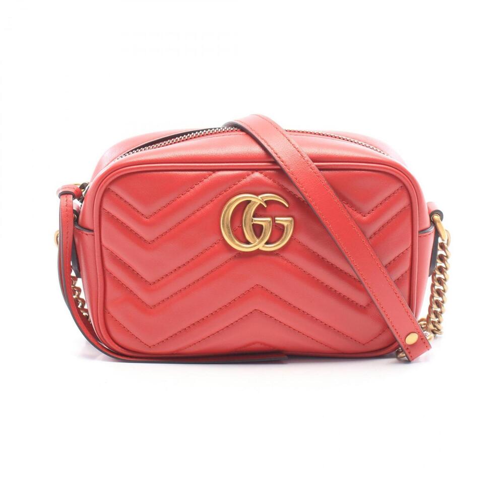 Gucci GG Marmont Quilted Mini Bag, Shoulder Handbag, Leather, Women's, Red, 4...